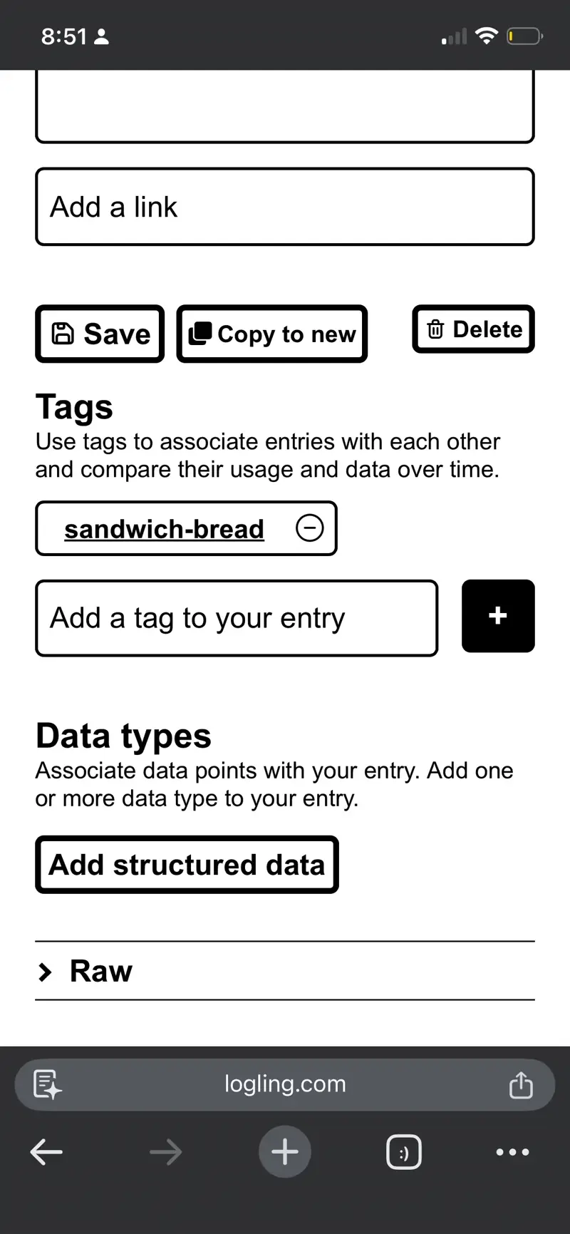 Animation showing how to add structured data to an entry on Logling
