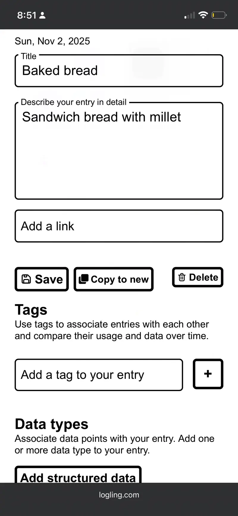 Animation showing how to add a tag to an entry on Logling
