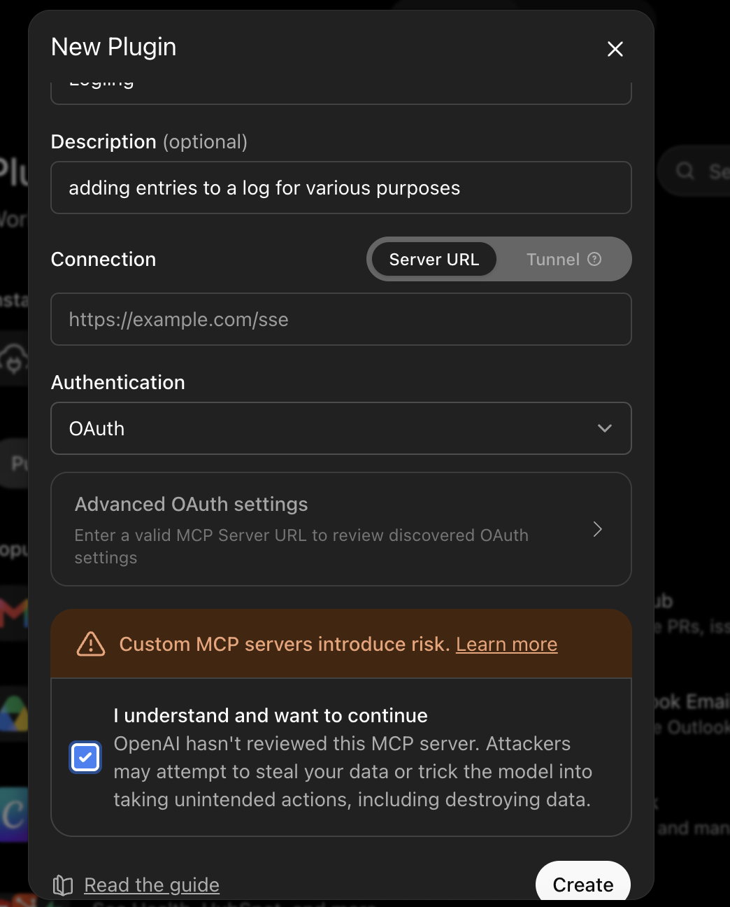 ChatGPT's New Plugin form with Server URL selected and OAuth selected as the authentication method.