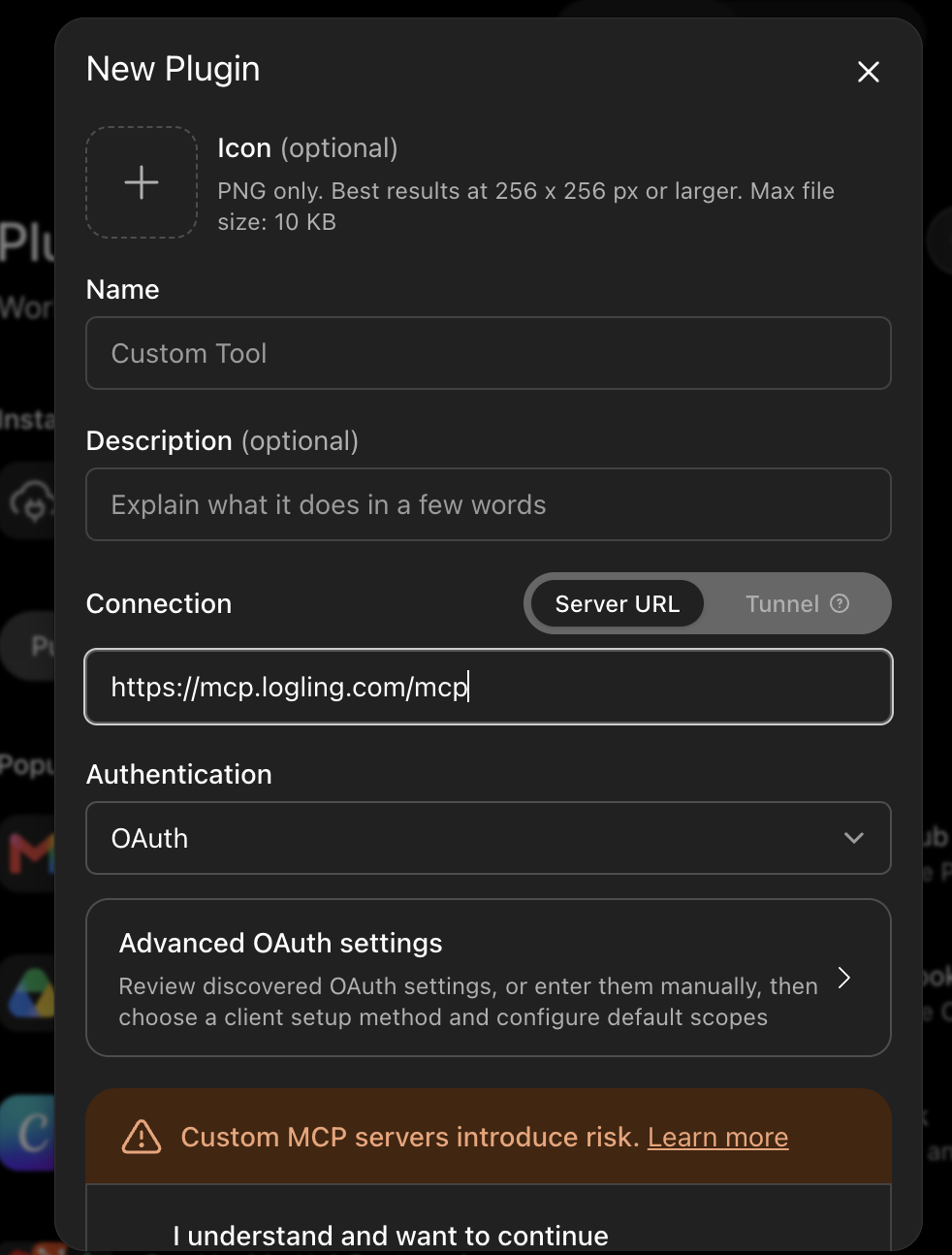 ChatGPT's New Plugin form with https://mcp.logling.com/mcp entered as the Server URL and Advanced OAuth settings available.